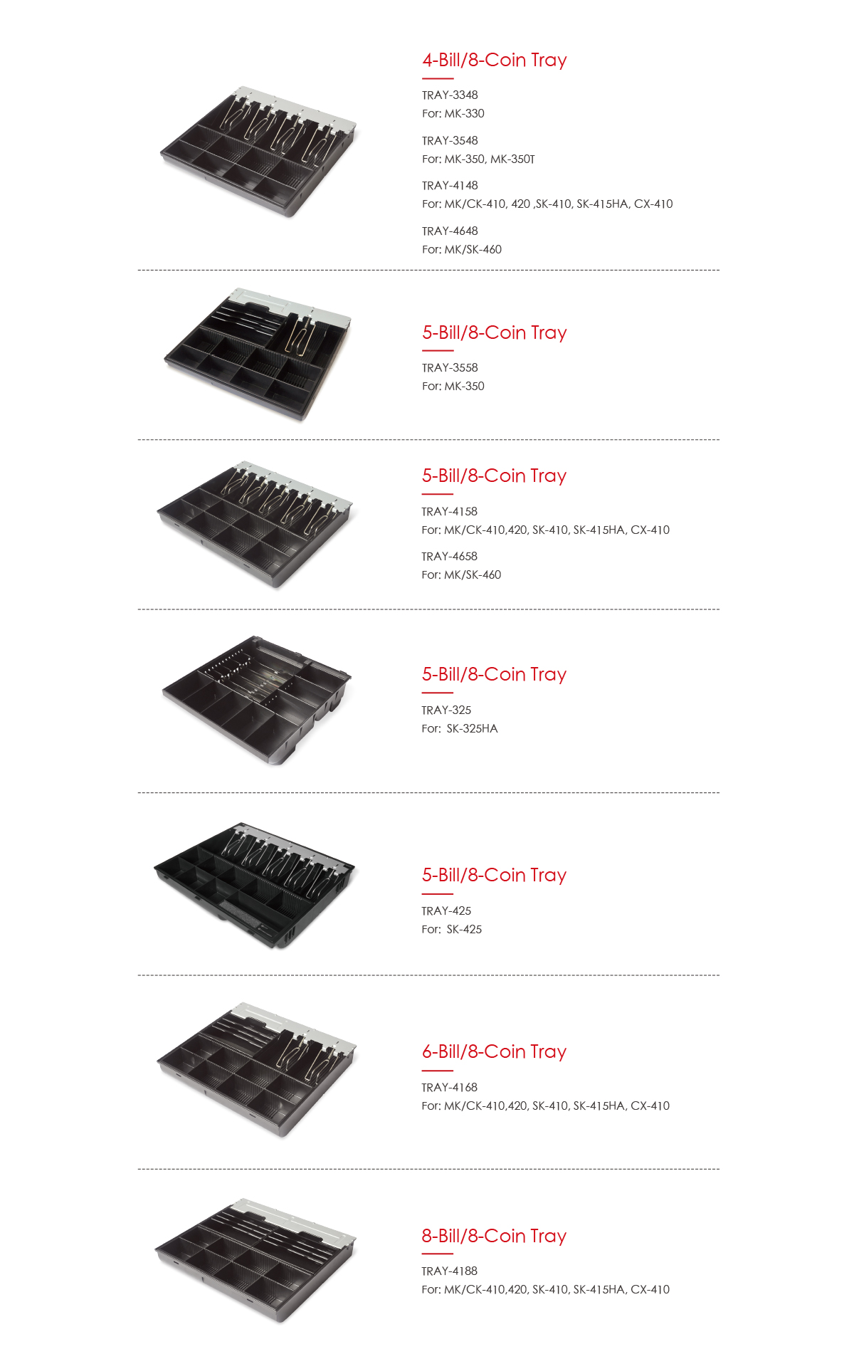 Various choices for different models cash tray