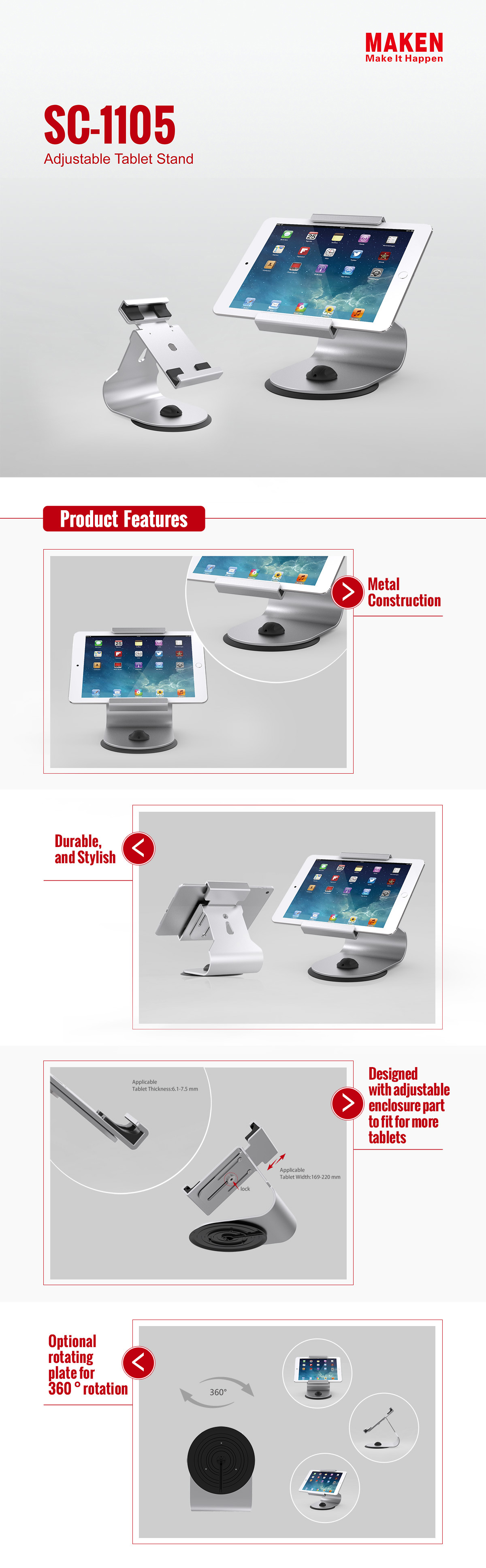 Universal aluminum stand with rotating base sc1105(aluminum)