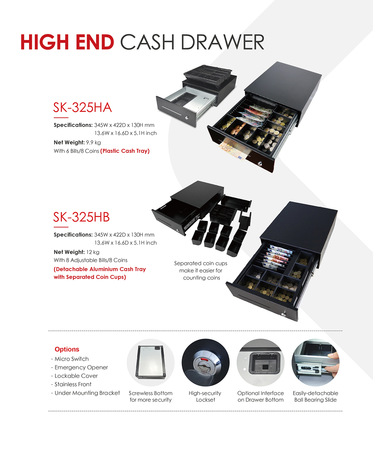 Ball bearing slide cash drawer sk325hb