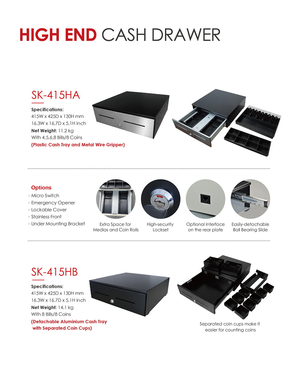 Ball bearing slide cash drawer sk415hb