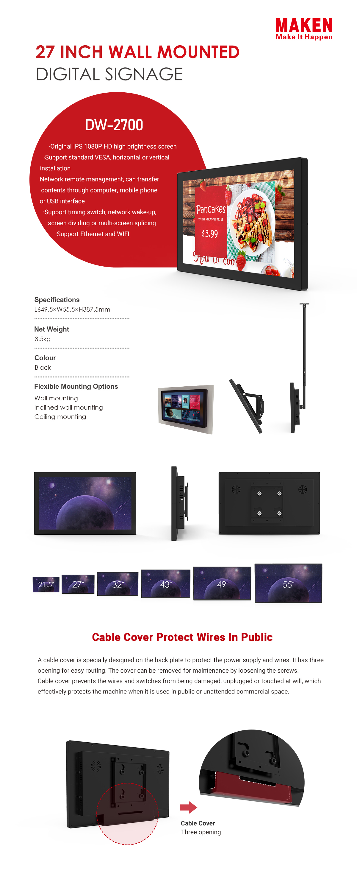 27 inch wall mounted digital signage dw2700