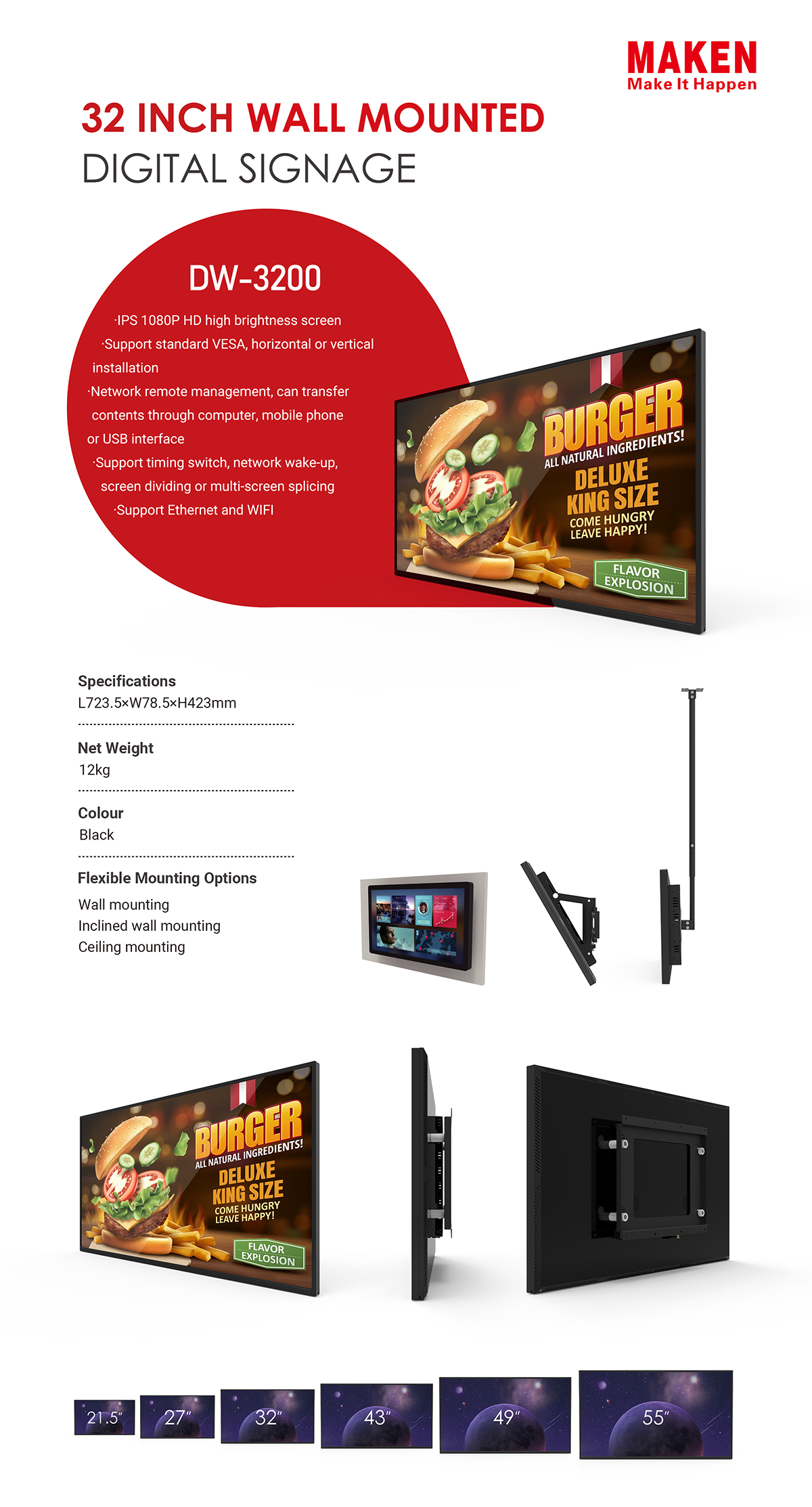 32 inch wall mounted digital signage dw3200