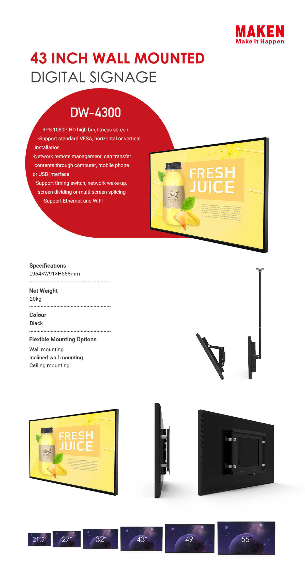 43 inch wall mounted digital signage dw4300