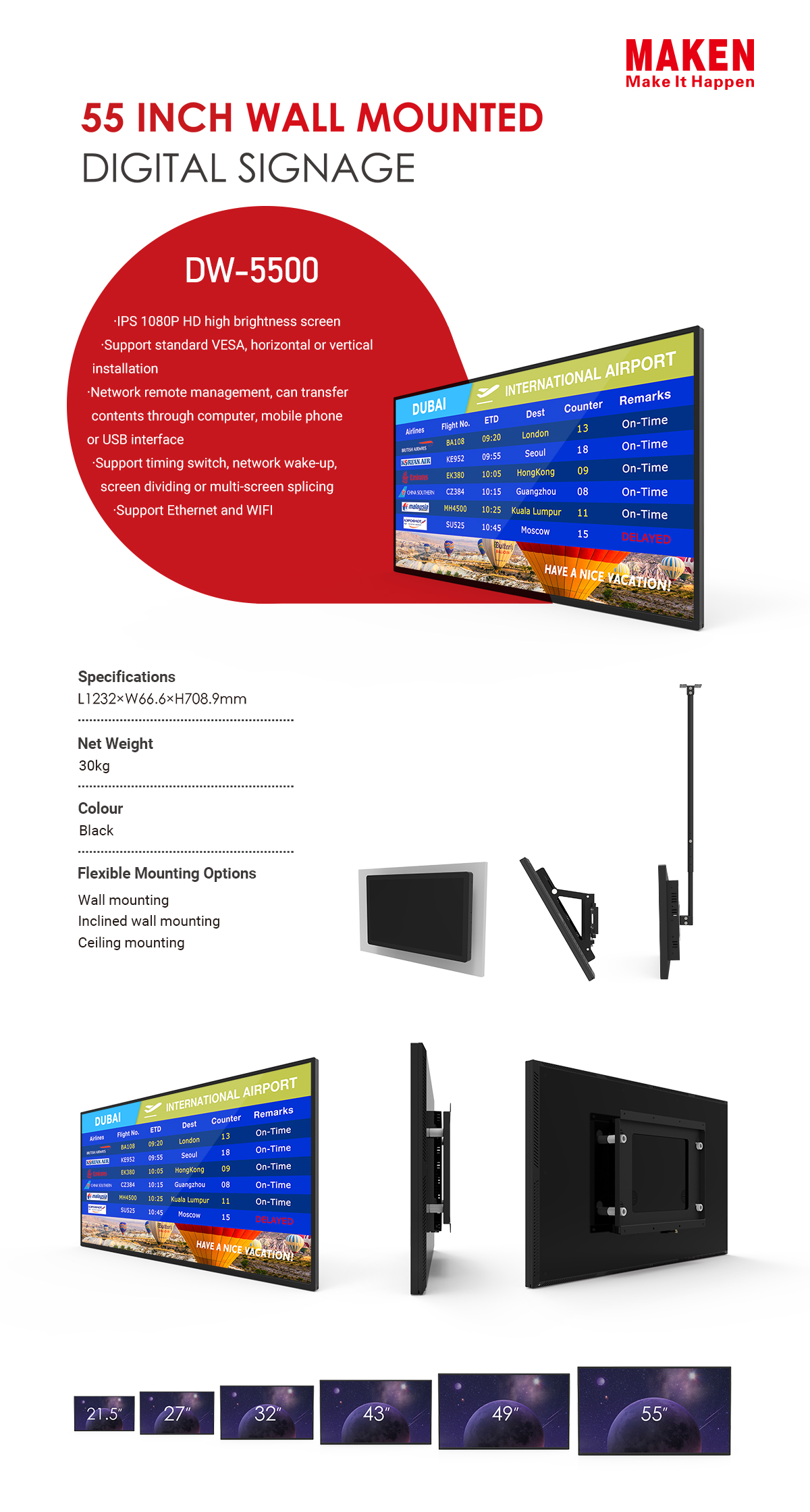 55 inch wall mounted digital signage dw5500