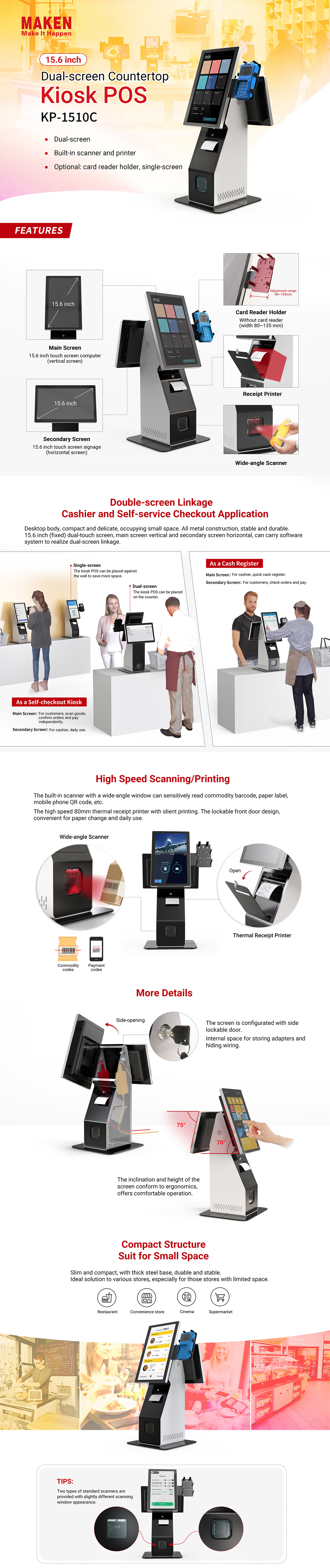 Dual-screen countertop kiosk pos kp1510c