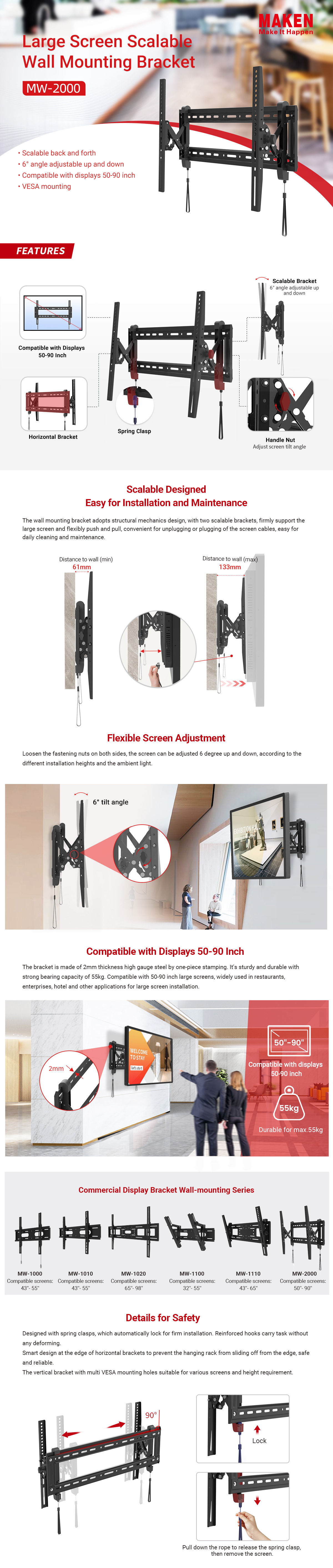 Large screen scalable wall mounting bracket mw2000