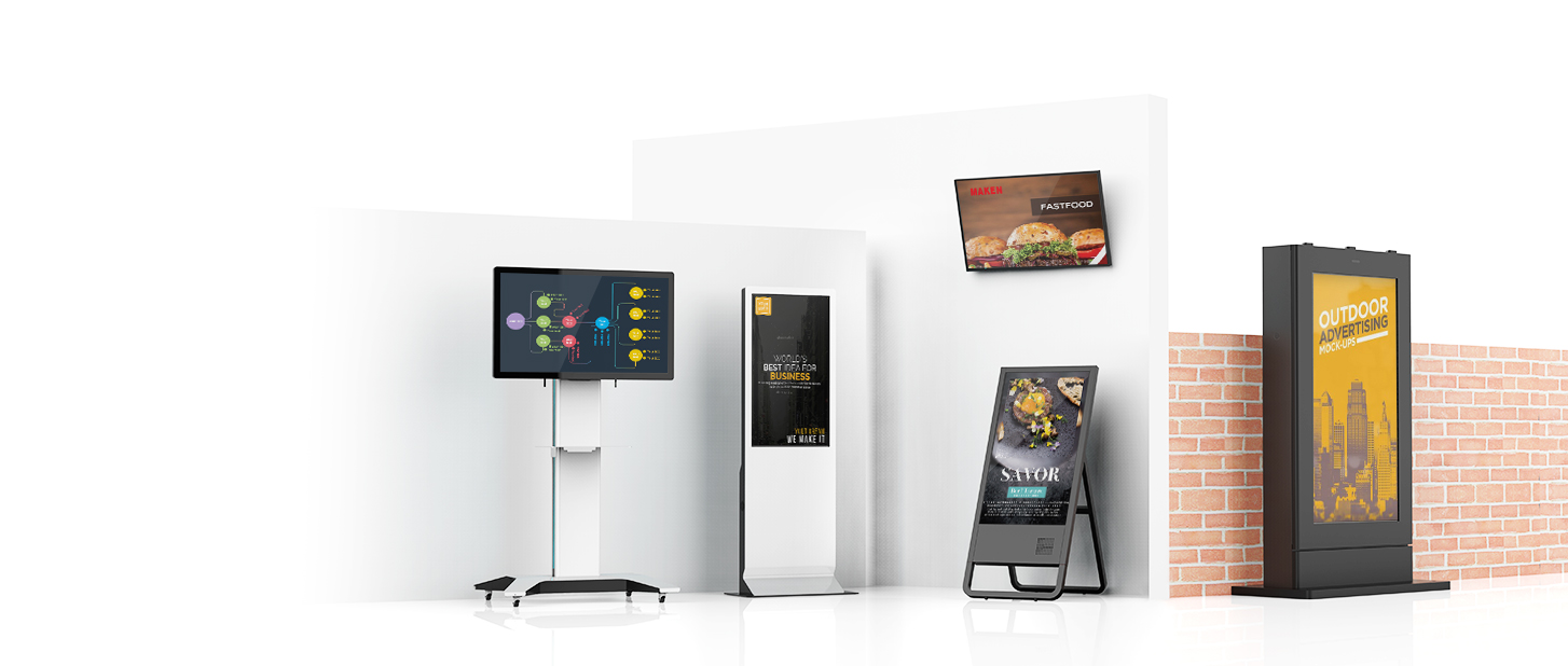 Digital signage floor stand, wall mounting, drawing board.